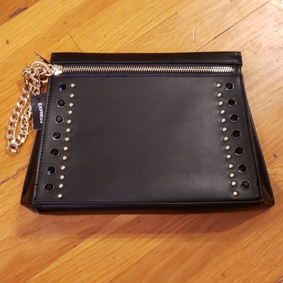 NWT Express Black Leather Rhinestone & Chain Purse - Picture 2 of 8